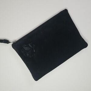 Ruth Saltz Black Suede Wristlet Clutch With Rose